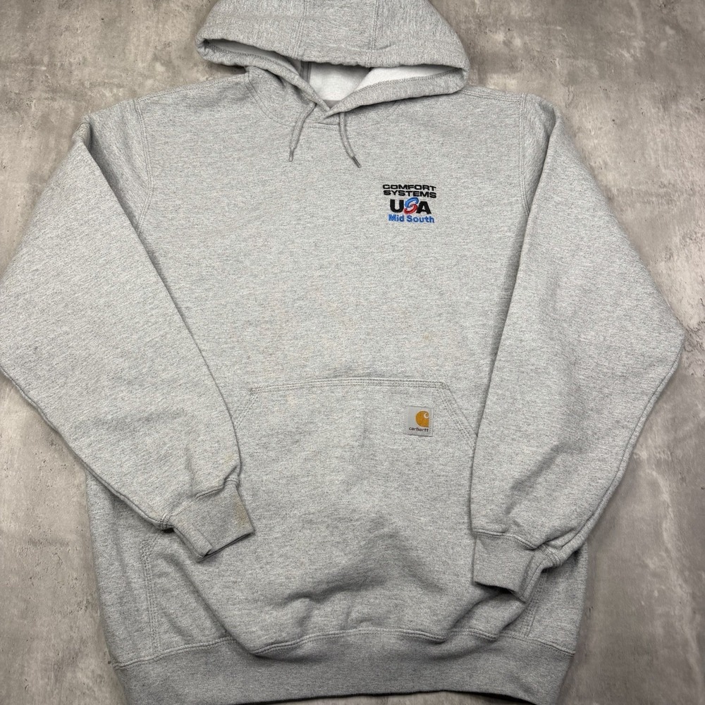 Carhartt Hoodie Mens M Gray Loose Fit Workwear Pullover USA Logo Sweatshirt
